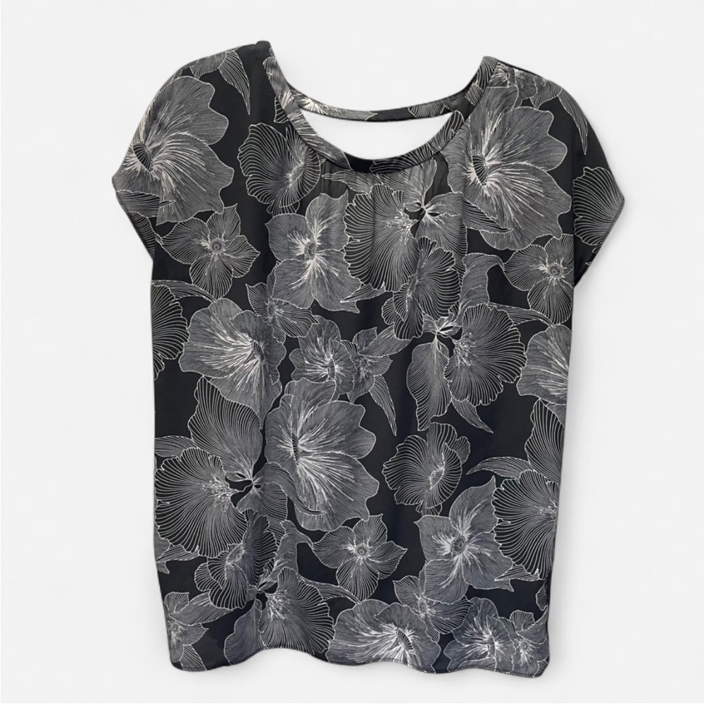 LOFT Modern Floral Black & White Line Print V-Back Top Medium M Monochrome